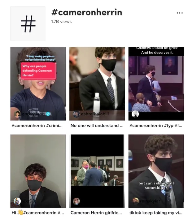 A screen shot from the social media site TikTok showing 1.7 billion views on the hashtag #cameronherrin.